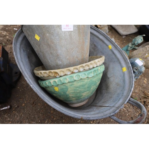 55 - Small tin bath, tin bucket, enamel bucket & 2 hand made garden pots