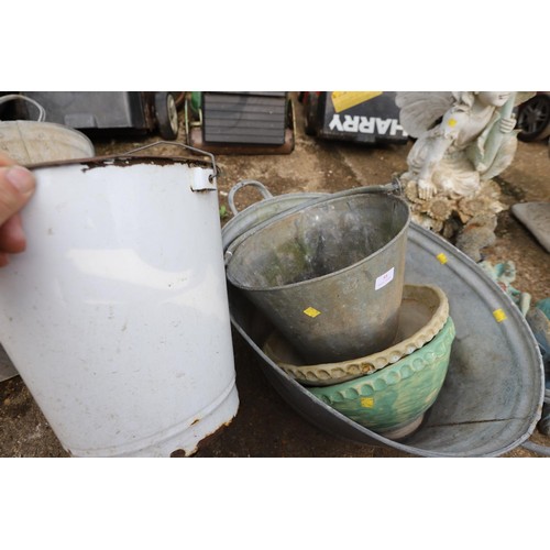 55 - Small tin bath, tin bucket, enamel bucket & 2 hand made garden pots