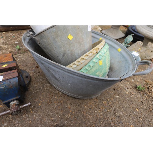 55 - Small tin bath, tin bucket, enamel bucket & 2 hand made garden pots