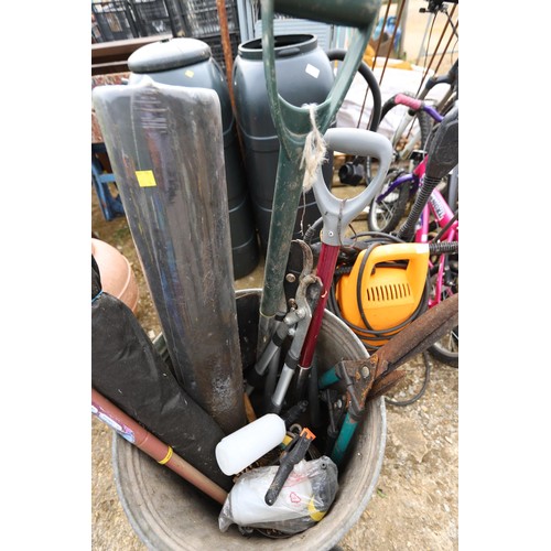 87 - Galvanised bin incl, weed membrane, tools, etc