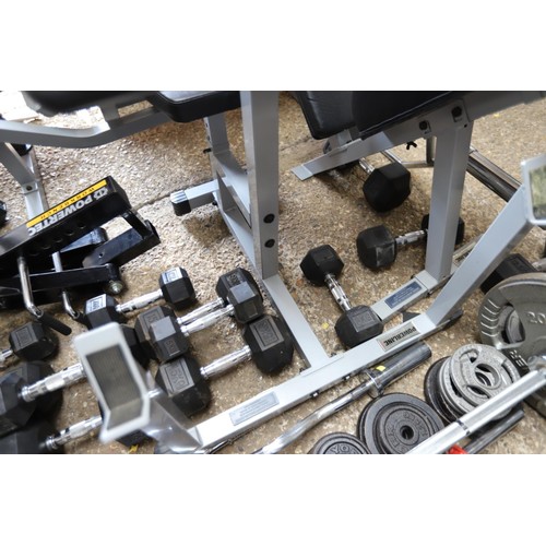 101 - Large qty of gym equipment, incl work bench, bench, weights, dumbbells 22, bars