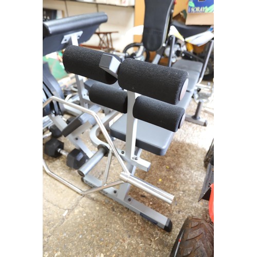 101 - Large qty of gym equipment, incl work bench, bench, weights, dumbbells 22, bars