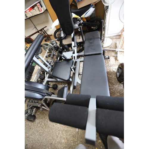 101 - Large qty of gym equipment, incl work bench, bench, weights, dumbbells 22, bars