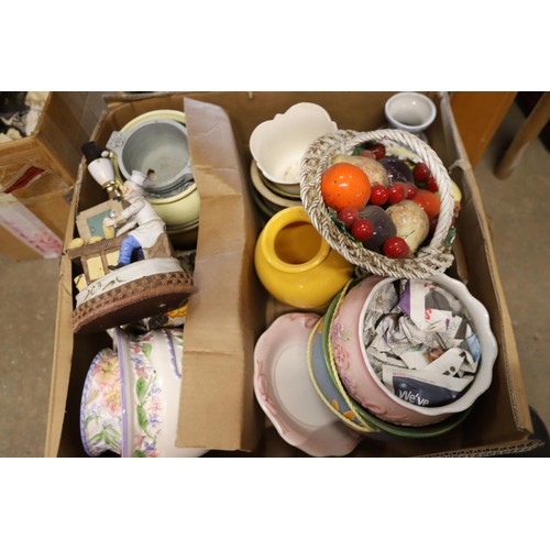 298 - Qty of misc, incl crockery, glassware, tea set, cushions, various planters, etc