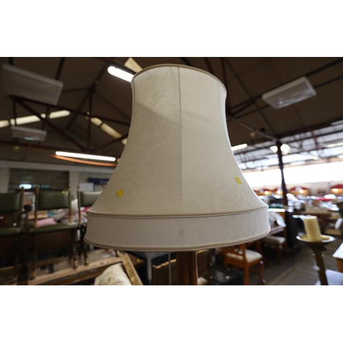 563 - Contemporary wooden standard lamp & shade - warranted until 12 noon Tuesday following the above sale