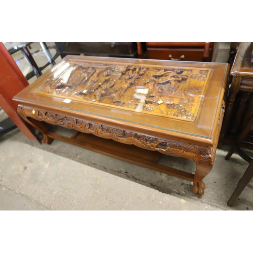 580 - Chinese/oriental carved wood coffee/side table with glass top