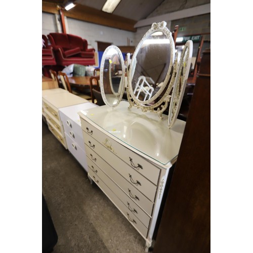 601 - French style cream chest of 5 drawers with glass top triple mirror