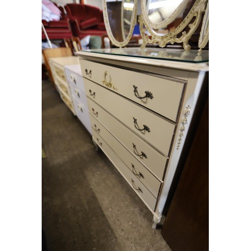 601 - French style cream chest of 5 drawers with glass top triple mirror