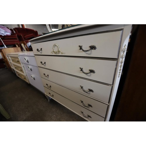 601 - French style cream chest of 5 drawers with glass top triple mirror