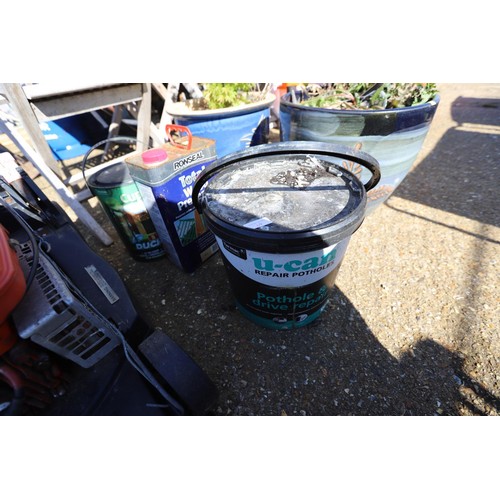 67 - Pot hole and drive repair tub, wood preserver etc