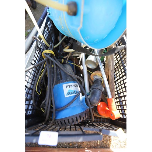 74 - Qty of garden misc, incl submersible pump weed block sprayer etc – warranted until 12 noon Tuesday f... 