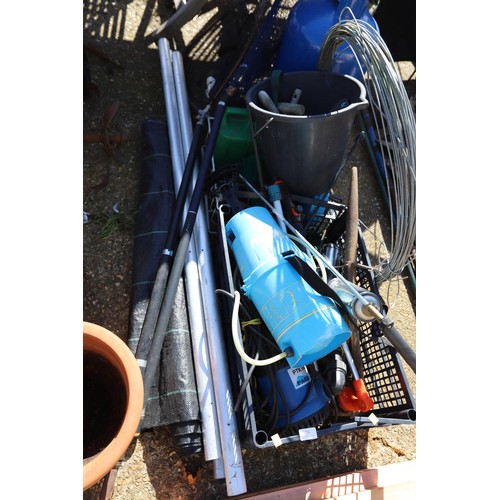 74 - Qty of garden misc, incl submersible pump weed block sprayer etc – warranted until 12 noon Tuesday f... 