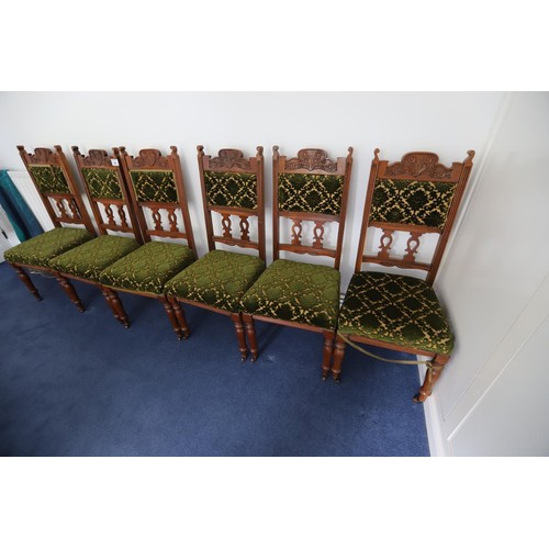 16 - Set of six Edwardian carved backed upholstered dining chairs