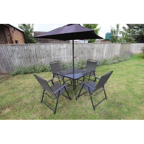 85 - Garden patio set including table for folding chairs and garden parasol