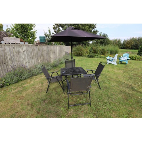 85 - Garden patio set including table for folding chairs and garden parasol