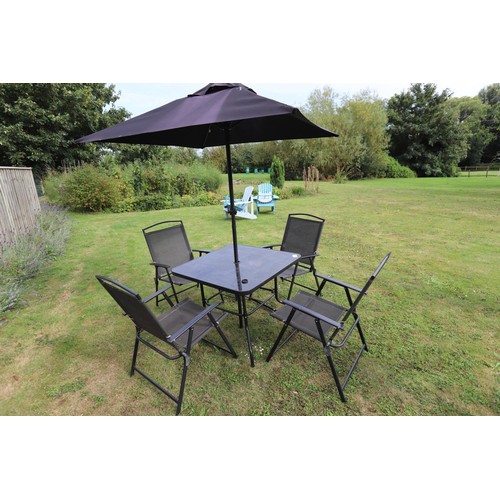 85 - Garden patio set including table for folding chairs and garden parasol