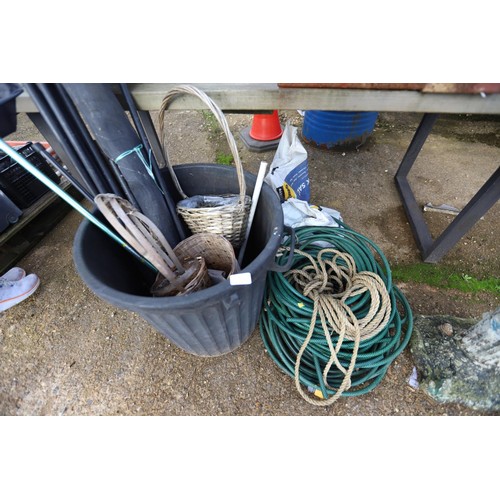 6 - Qty of garden items, incl hose pipe, drain rods, etc