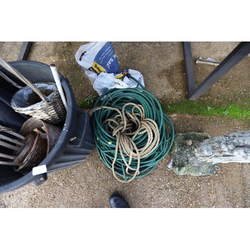 6 - Qty of garden items, incl hose pipe, drain rods, etc