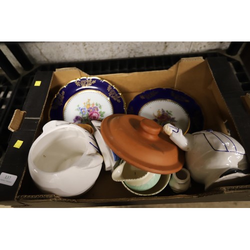 137 - Box of various pottery & plates etc