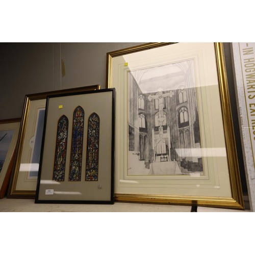 191 - Framed & glazed drawing of Peterborough cathedral & watercolour stained glass signed