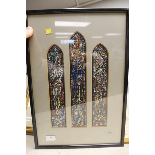 191 - Framed & glazed drawing of Peterborough cathedral & watercolour stained glass signed