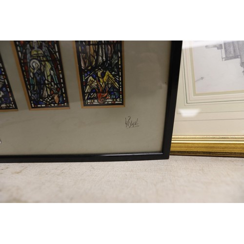 191 - Framed & glazed drawing of Peterborough cathedral & watercolour stained glass signed