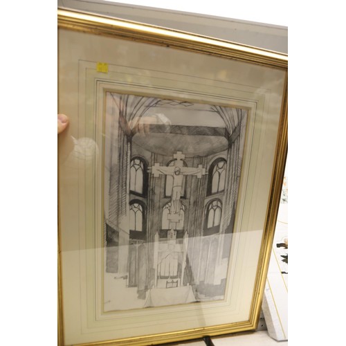 191 - Framed & glazed drawing of Peterborough cathedral & watercolour stained glass signed