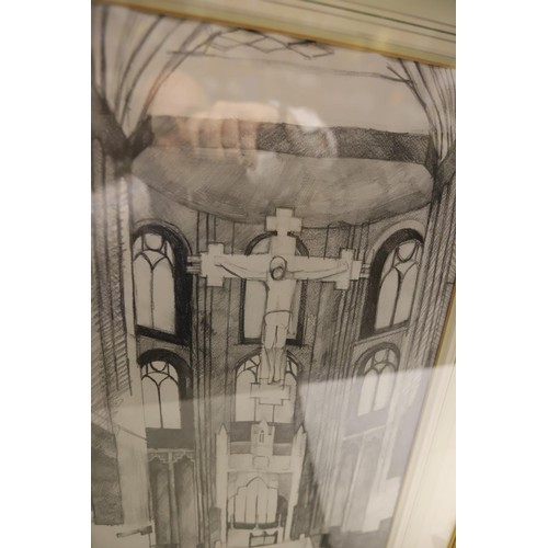 191 - Framed & glazed drawing of Peterborough cathedral & watercolour stained glass signed