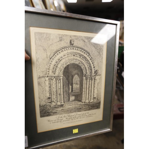 233 - Original etching 1813 by John Sell Cotman, oil on board of a Church & 2 Lowry prints & 2 old maps - ... 