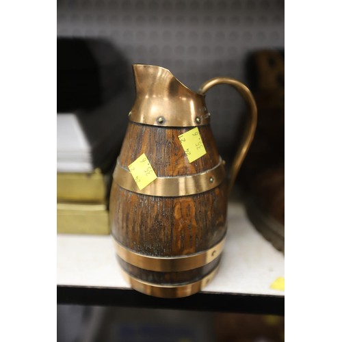 242 - Small Chestnut roaster & copper bound oak jug