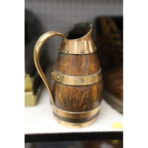 242 - Small Chestnut roaster & copper bound oak jug