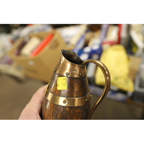 242 - Small Chestnut roaster & copper bound oak jug