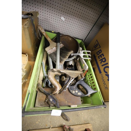 266 - Box of misc, hand tools, saws, vintage planters & hub cap