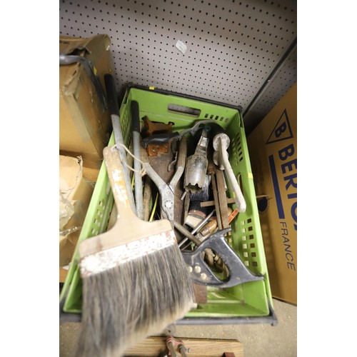 266 - Box of misc, hand tools, saws, vintage planters & hub cap