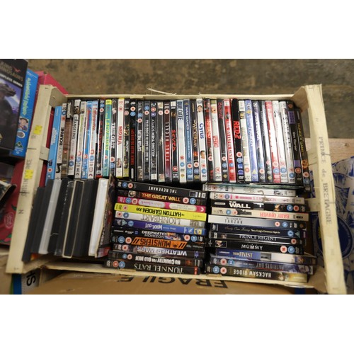 279 - 3 crates of DVDs, videos, & box of books