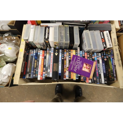 279 - 3 crates of DVDs, videos, & box of books