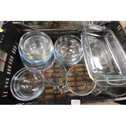 283 - 2 boxes of various Pyrex, incl jugs, dishes & bowls, etc