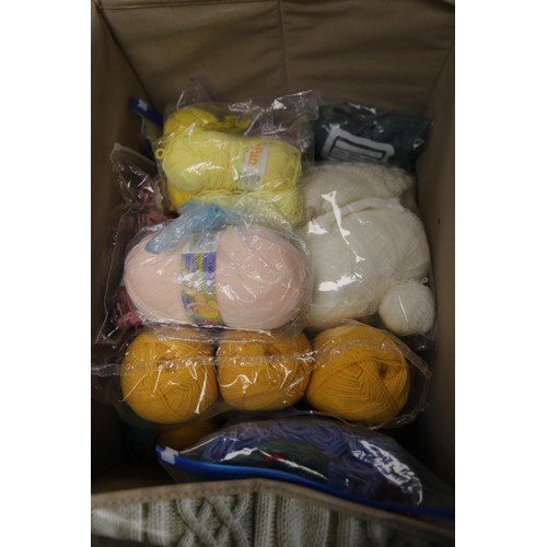 292 - Large box of wool with knitting bag, patterns & needles