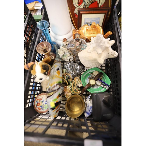 327 - 2 boxes of collectables, incl West German pottery jug, shells, brass, watches, etc