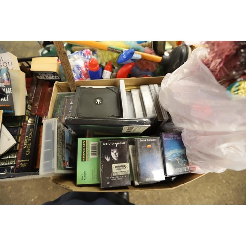 329 - 6 boxes of misc, incl videos, tapes, clock, soft toys, light bulbs, Christmas, etc