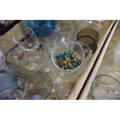 330 - 2 boxes of various glassware, incl vases, bowls, etc