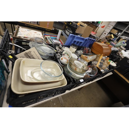 332 - 4 boxes of kitchenware, incl saucepans, Pyrex dishes, soup bowls, etc