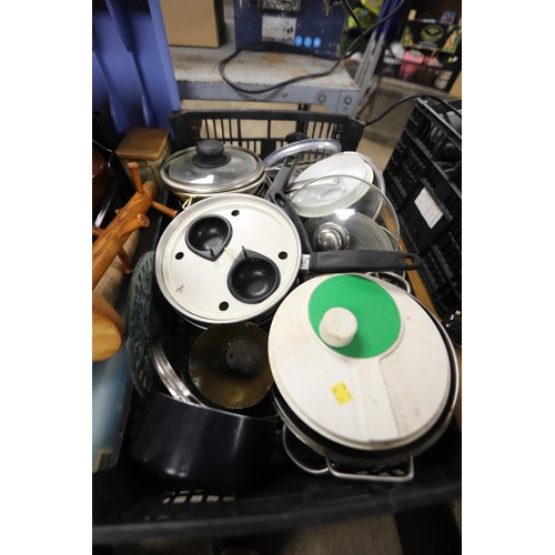 332 - 4 boxes of kitchenware, incl saucepans, Pyrex dishes, soup bowls, etc