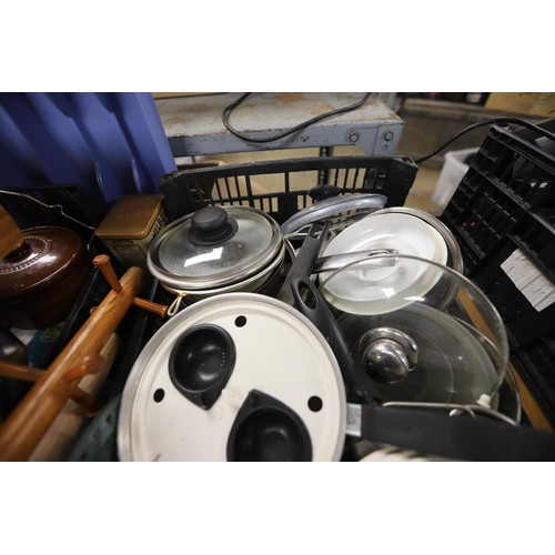 332 - 4 boxes of kitchenware, incl saucepans, Pyrex dishes, soup bowls, etc