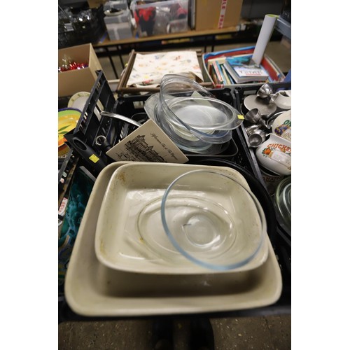 332 - 4 boxes of kitchenware, incl saucepans, Pyrex dishes, soup bowls, etc