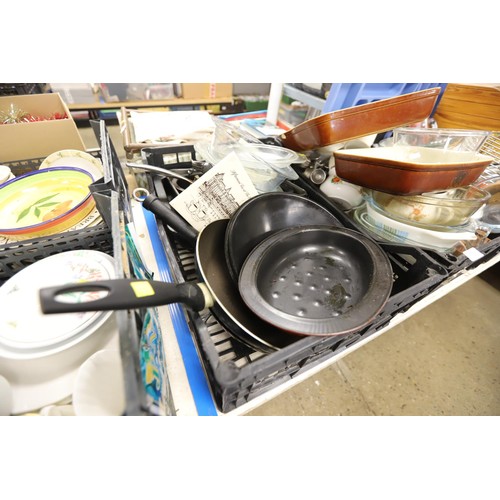 332 - 4 boxes of kitchenware, incl saucepans, Pyrex dishes, soup bowls, etc