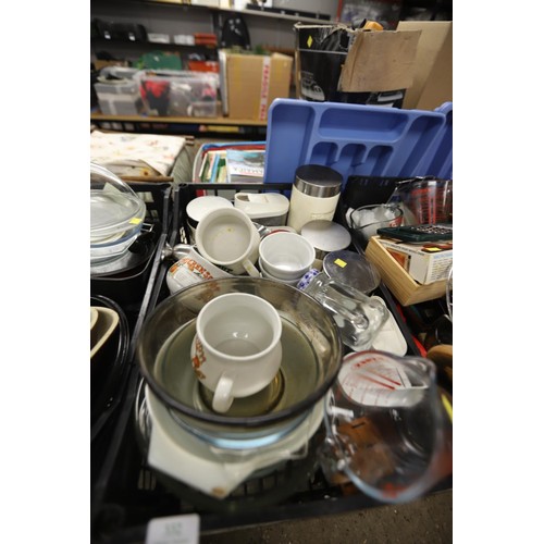 332 - 4 boxes of kitchenware, incl saucepans, Pyrex dishes, soup bowls, etc