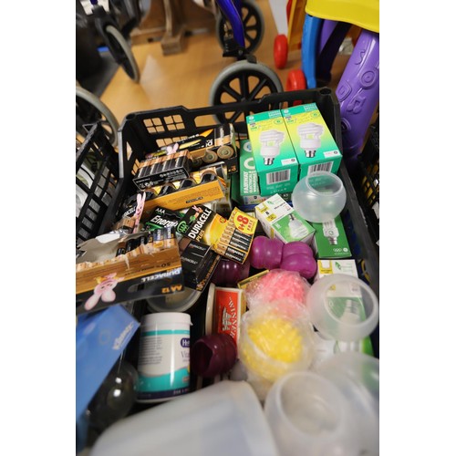 335 - Qty of cleaning products, various batteries, candles, light bulbs, etc