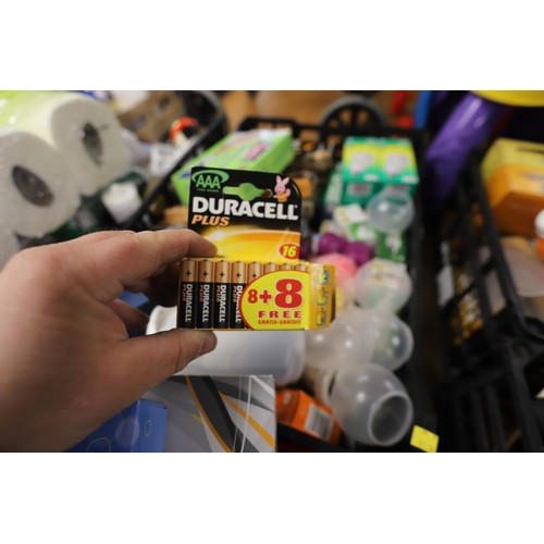 335 - Qty of cleaning products, various batteries, candles, light bulbs, etc