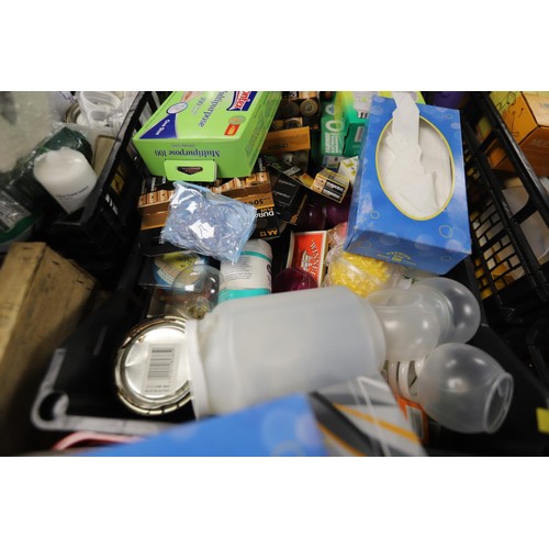 335 - Qty of cleaning products, various batteries, candles, light bulbs, etc